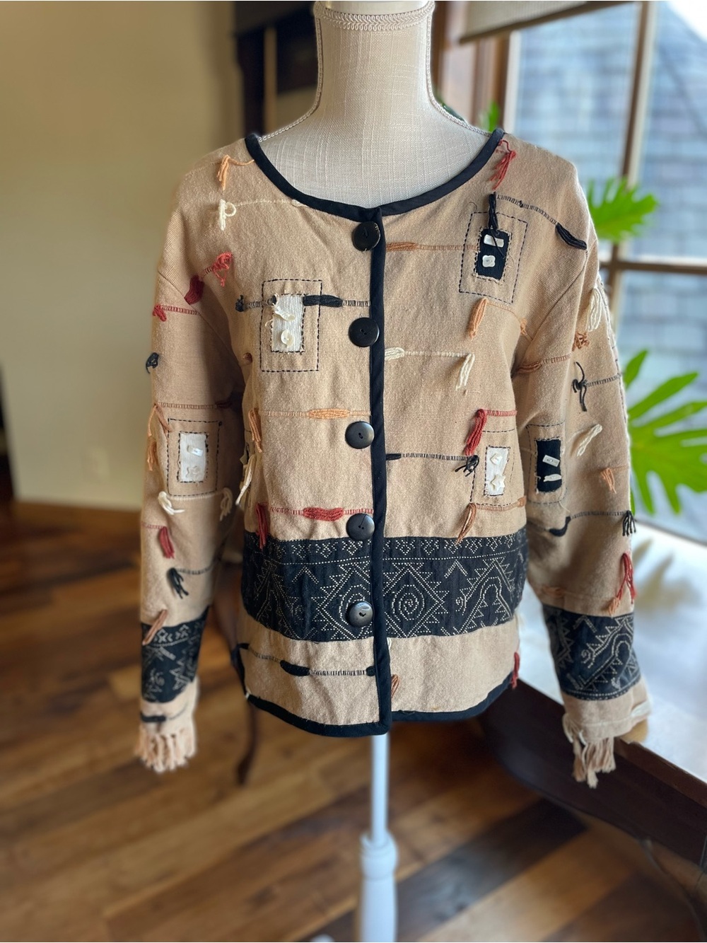 Vintage New Directions Tan Embroidered Fringe Button-Front Jacket size M